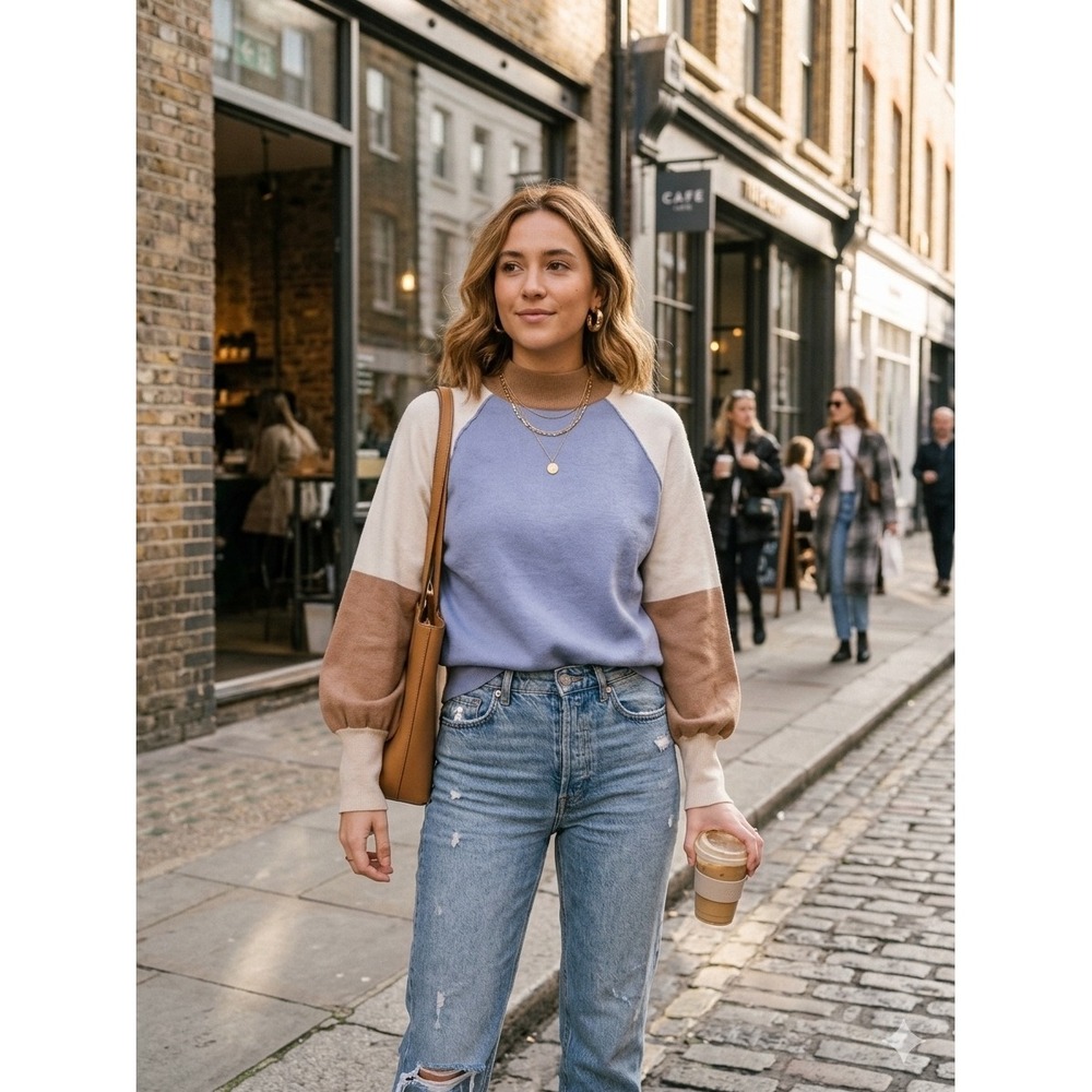 ee:some Women Colorblock Mock Neck Balloon Sleeve Raglan Sweater Blue‎ Tan M